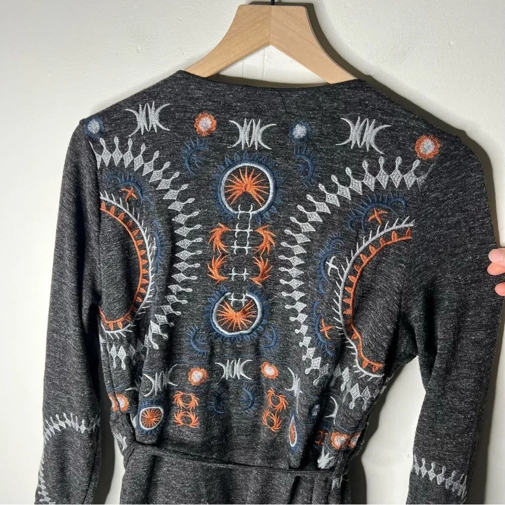Monoreno Dark Gray Celestial Embroidered Cardigan Long Line Tie Waist Small